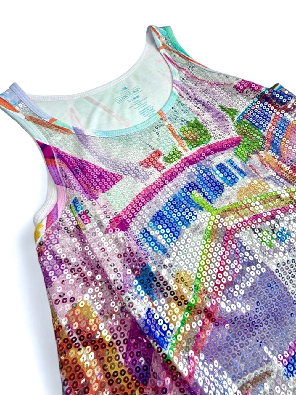 Ellen Negley Sequins Tank Top XL X Large Abstract Colorful Artsy Vibrant Print